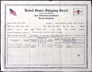 Certificado de Servicio Oficina de Entrenamiento Marítimo Junta de Envío de Estados Unidos Primera Guerra Mundial 1919 - Imagen 1 de 2