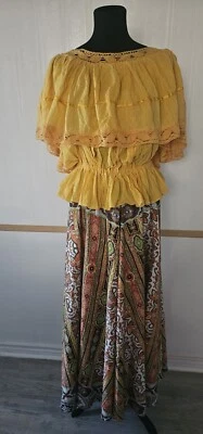 Yellow Off-Shoulder Mexican Elastic Waist Ruffle Crotchet Kimono Peasant Top M/L - Image 1 of 4