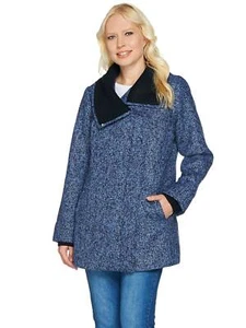 ISAAC MIZRAHI LIVE! Size 0 SOHO Zip Front Coat with Sweater Knit Trim BLUE - Picture 1 of 3