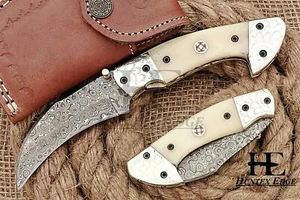 HUNTEX Custom Handmade Damascus Steel 110 mm Long Hunting Folding Pocket Knife - Picture 1 of 7