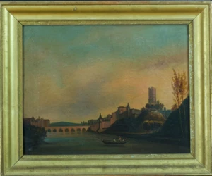 Tableau ancien paysage animé vue D'Albi promeneur sur les bords du Tarn 19 ème - Foto 1 di 11