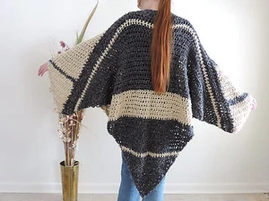 Contemporary Crochet Poncho Black & Tan Color Block Handmade One Size OOAK - Picture 1 of 4
