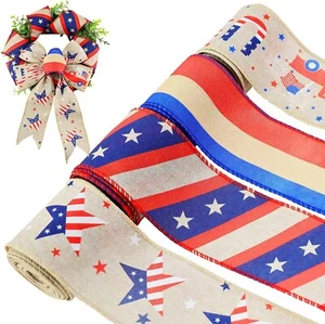 4 Rolls Patriotic Wired Edge Ribbon 4th of July Burlap 2.5" x 20 Yards (60 Feet) - Picture 1 of 3