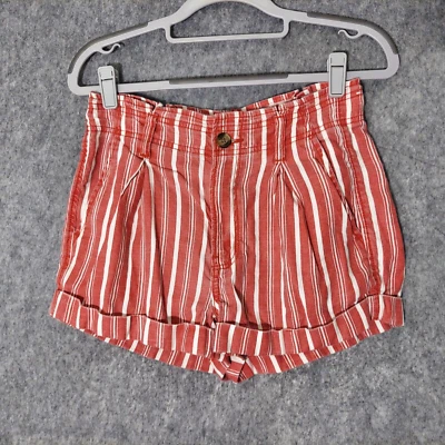 Pantalones Cortos American Eagle 2 Bolsas de Papel de Lino Rojo Rayas Plisadas Puños Costeros Boho Foto 1 de 4