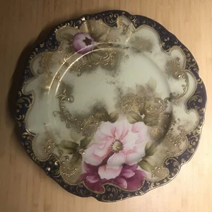 Antique 1900 Nippon Hand Painted 3d Roses Cobalt And Gold Plate, Marked, 8.5” - Picture 1 of 4