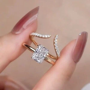 3 CTW Radiant Cut Moissanite Bridal Wedding Ring Set 14K Multi Tone Gold Plated - Picture 1 of 9