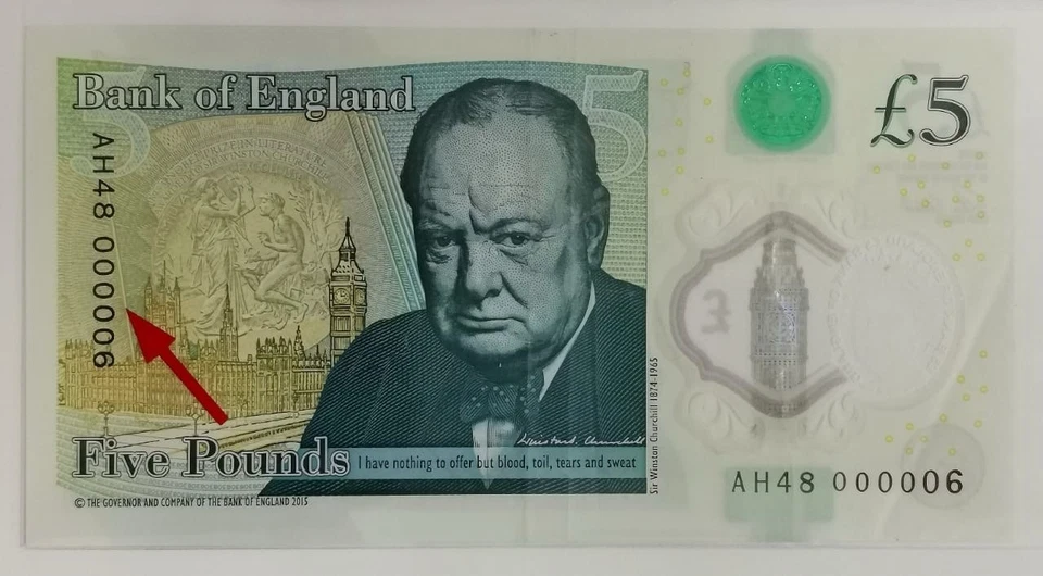 Mazuma *F2698 Bank Of England 2015 Polymer 5 Five Pounds AH48 000006 GVF - Image 1 of 2