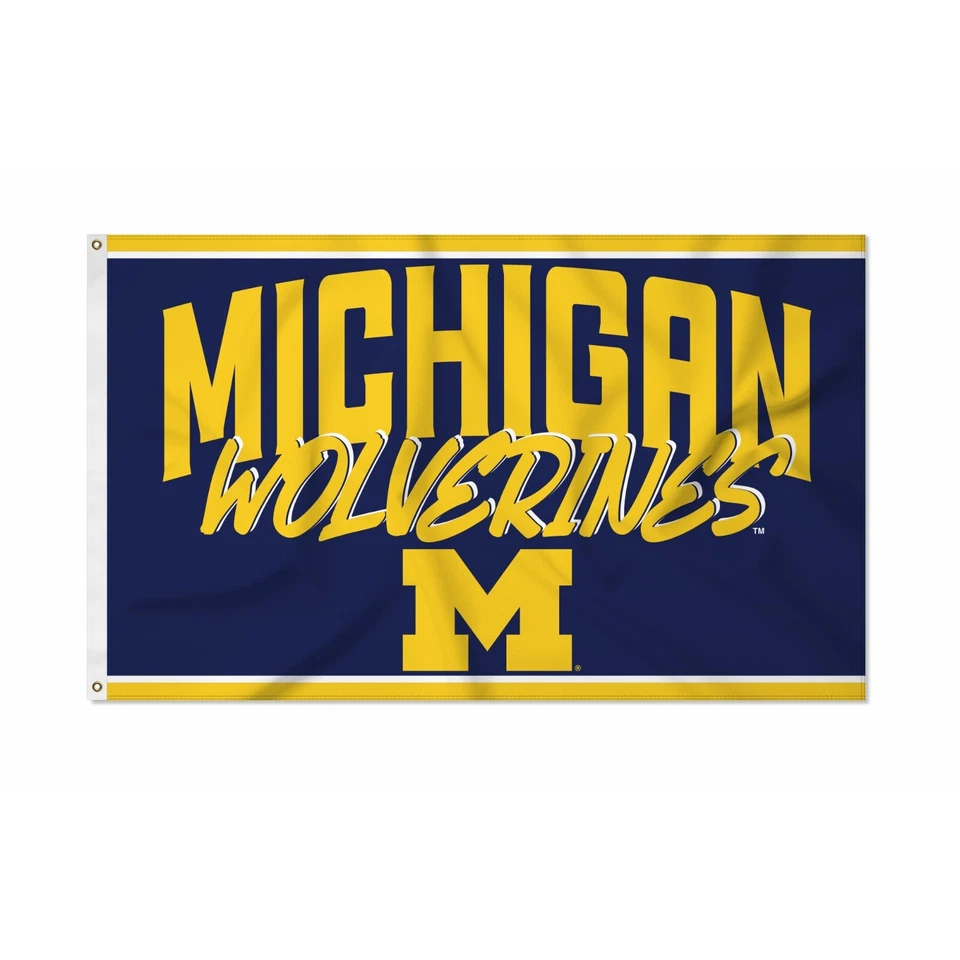 密歇根金刚狼队标志脚本蓝色背景旗 3x5 英尺横幅 — 第 1/1 张图片