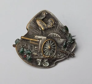 RARE ANTIQUE WORLD WAR 1 ENAMELED PIN 1914 ROOSTER CANNON 75 FRANCE HTF VGC - Picture 1 of 5