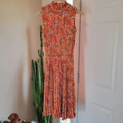 NWT Nanette Lepore Orange Floral Pleated Sleeveless Dress, Size 4 - Image 1 of 4