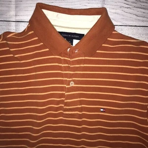 Tommy Hilfiger Mens Sz M Polo Shirt Cotton Flag Logo Striped Rust Brown VTG - Picture 1 of 6