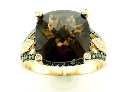 Кольцо LeVian из желтого золота 14 карат с дымчатым кварцем G-H SI1 с зеленым бриллиантом 5,86 карата размер 7 - Изображение 1 из 4
