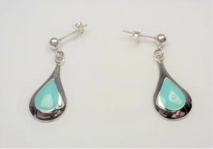 STERLING SILVER HAWAIIAN ISLAND TURQUOISE STONE TEARDROP DANGLING EARRINGS - Picture 1 of 5