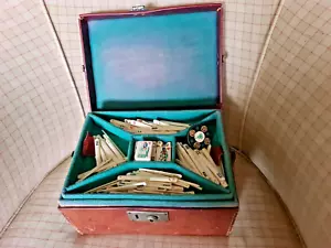 Antique 1920s MAH JONG SET, Tooled Leather Box, Bamboo/ Faux Bone Tiles - Picture 1 of 10