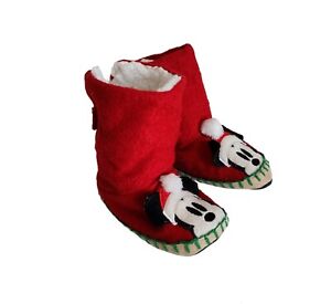 Disney Store Mickey Mouse Santa Claus Fleece Lined Christmas Slippers Kids 9-10