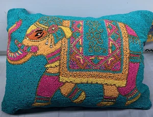 Blue Pink Elephant Beaded Pillow New NWT 20x14 - Picture 1 of 5