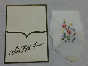 Vintage Ladies Handkerchief Saks Fifth Avenue Not Used Embroidered Flowers - Picture 1 of 12