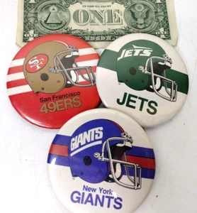 Vintage 1984 NFL Football Metal Badge Pins Jumbo 3.5" SF 49ers NY Jets NY Giants - Picture 1 of 6
