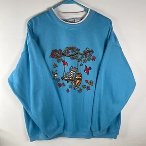 Vintage Basic Editions Sweatshirt Cats Birds Fall Graphic Teal Blue XL 90s  USA - Picture 1 of 9