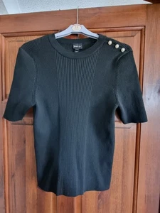 Ladies River Island Black Ribbed Short SleevedTop With Button Detail Size 16. - Picture 1 of 5