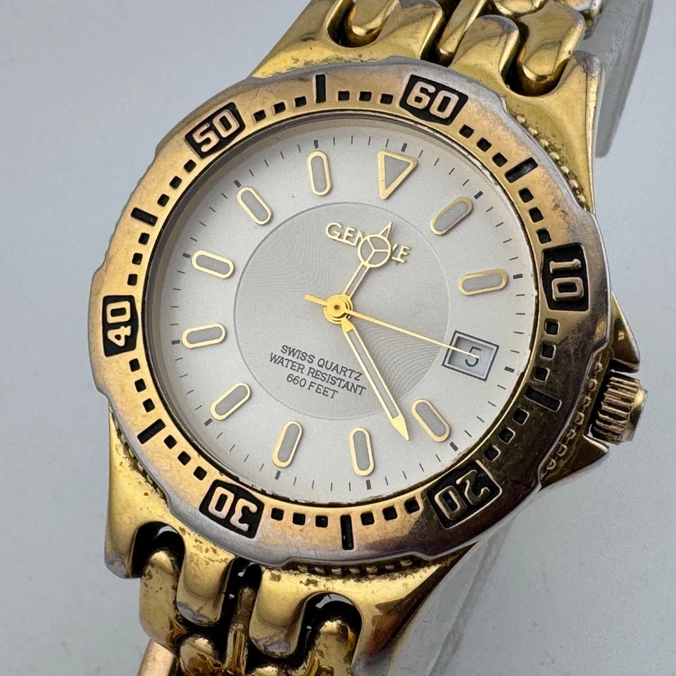 Швейцарские мужские кварцевые часы Geneve 200 м золотистый вращающийся ободок дата новый аккумулятор 6,5 дюйма - Изображение 1 из 4