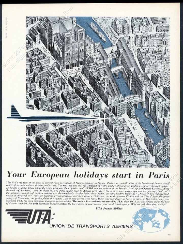 1965 UTA Airlines futuro avión SST sobre antiguo París mapa arte anuncio impreso vintage Foto 1 de 1