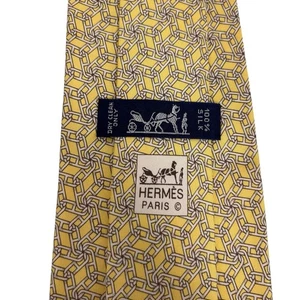 Hermes Men's Tie "H" Logo Chain Links Yellow Silk 5450 FA 3.5" (W) x 59" (L) euc - Picture 1 of 7