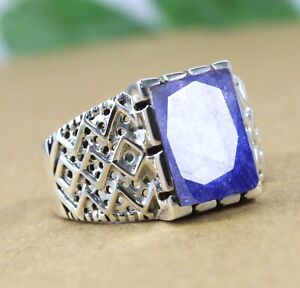 925 Sterling Silver Simulated Sapphire Gemstone biker Boys Mens Ring Jewelry