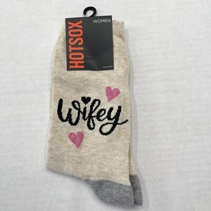 Hot Sox Wifey Crew Socks Ladies 9-11 Cotton Brown Natural Melange Pink Hearts - Picture 1 of 5