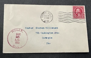 1931 HOLLY COLORADO MACHINE CANCEL + RED 12/25 CHRISTMAS DAY FANCY !! PROWERS CO - Picture 1 of 2