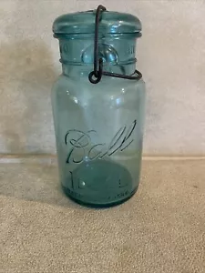 VINTAGE BALL CANNING JAR IDEAL PAT JULY 14, 1908 MASON BLUE GLASS LID WIRE #8 - Picture 1 of 6