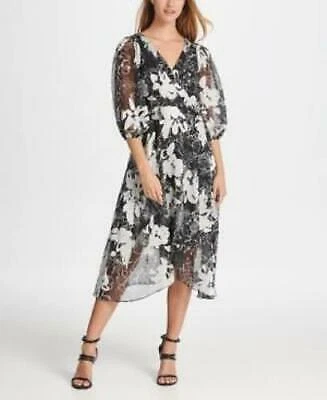 DKNY 女式透明腰带拉链花卉 3/4 袖 V 领紧身连衣裙,尺寸 2 — 第 1/1 张图片