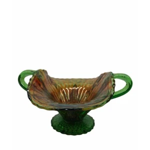 Iridescent Green / Amber Vintage Carnival Glass Basket With 2 Handles    *READ* - Picture 1 of 6