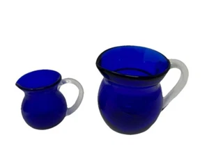 2 Cobalt Blue Pilgrim Art Glass Creamer Pitcher Clear Applied Handle 12oz & 2oz - Picture 1 of 11