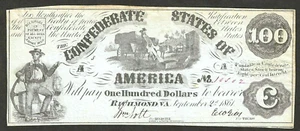 1861 KONFÖDERIERTE STAATEN 100 $ WÄHRUNG ~ T-13 ~ SKLAVENLADUNG BAUMWOLLE ~ CA. UNZIRKULIERT - Bild 1 von 2