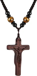 Handmade Wooden Crucifix Cross Necklace with Jesus - Adjustable Braided Cord Cro - Picture 1 of 12