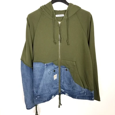 Chaqueta con Capucha Lucky Sartorius Hombres Verde Denim Retazos Cremallera Completa Talla XL Bolsillos Foto 1 de 4