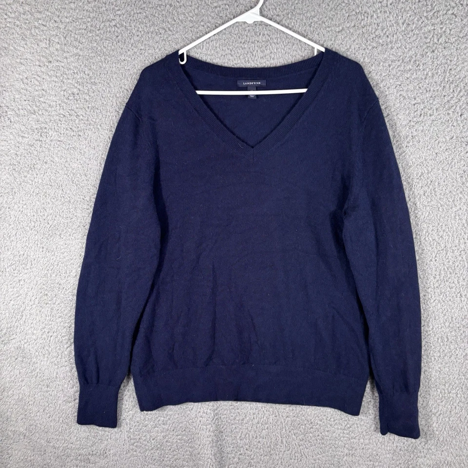 Lands End Sweater Womens XL (18-20) Navy Solid V-Neck 100% Cashmere Soft Top - Image 1 of 4