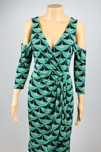 Leona Edmiston Women’s Dress Size 10 | Cold Shoulder Wrap Style Green Print Midi - Picture 1 of 11