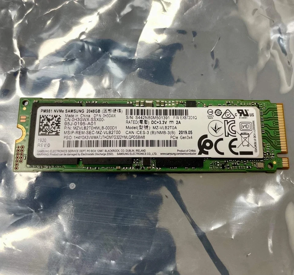 Samsung PM981 MZ-VLB2T0HALB -000H1 2TB SSD M.2 2280 NVMe PCIe 3.0 98% Health - Image 1 of 1