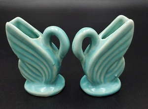 Vtg Shawnee Pottery Miniature Blue Turquoise Art Deco Pitcher Swans 2 Bud Vase - Picture 1 of 13