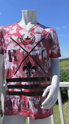 NUEVO M RAWYALTY Camiseta Rojo Blanco Negro Corbata Teñida Alta Costura Bling $149 Cuello en V RC Foto 1 de 4
