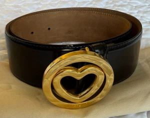 Moschino Gold Heart Buckle Black Patent Leather Belt Size 28 Made in Italy - Picture 1 of 6