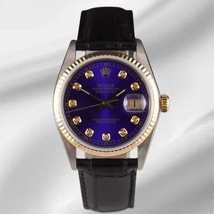Rolex Datejust 36mm Yellow Gold Royal Blue Diamond Dial Leather Band Watch - Picture 1 of 12