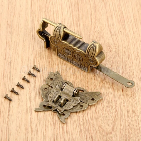 1 Set Antique Bronze Fortune Blessing Padlock Lock Key Butterfly Box Latch Clasp Cover