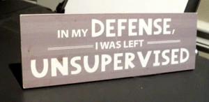 DESK PLAQUE SIGN "In My Defense I Was Left Unsupervised" 2 3/4" X 8 1/2": Funny - Picture 1 of 2