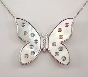 18K White Gold Diamond and Mother of Pearl Butterfly Necklace 18" Chain Pendant - Picture 1 of 5