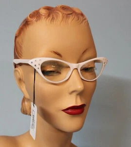 Retro CATEYE BRILLENGESTELL IN WEISS KUNSTSTOFF UND STRASS 90er Jahre - Bild 1 von 2