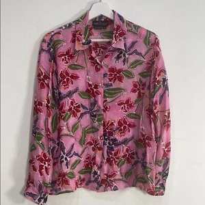 Carole Little camicia rosa floreale con bottoni rayon vintage taglia 12 - Foto 1 di 8