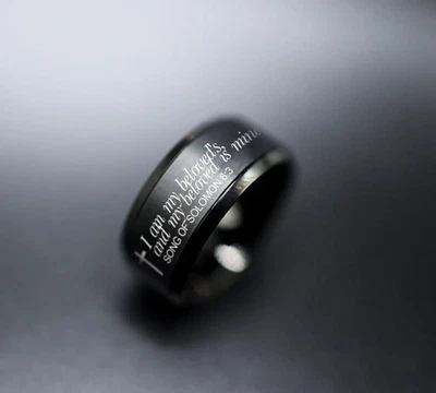 Anillo de boda unisex negro tungsteno soy de mi amado y mi amado es mío-10 mm Foto 1 de 3